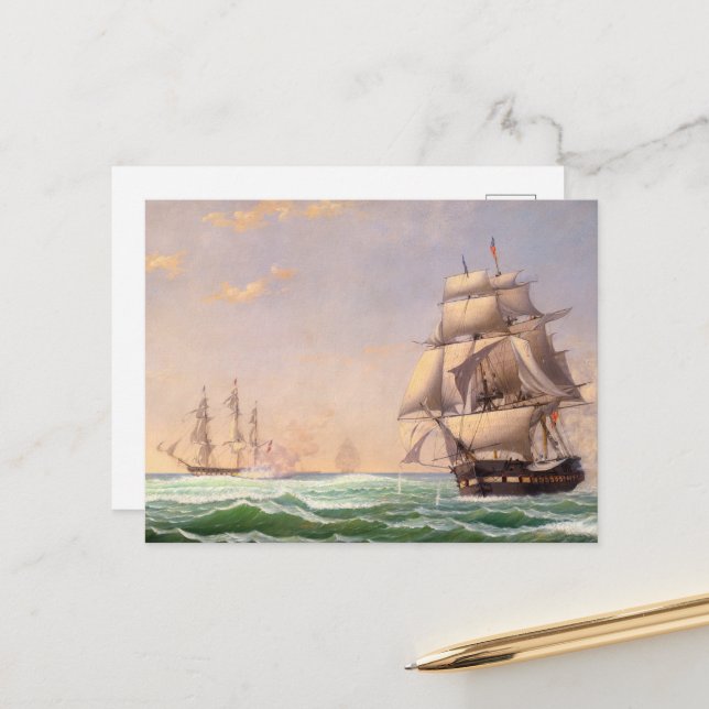 Cartes Pour Fêtes Annuelles Frégate américaine par Fitz Henry Lane (Devant/Arrière en situation)