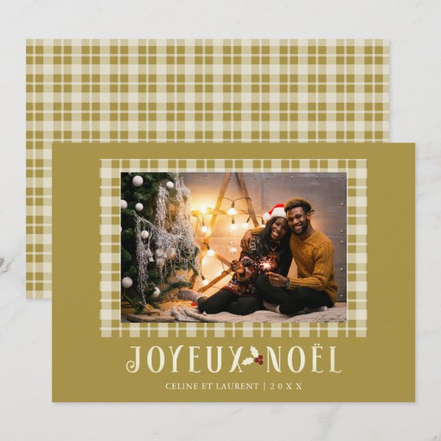 Cartes Pour Fêtes Annuelles French White Gold Tartan Joyeux Noël Custom Photo (Devant / Derrière)