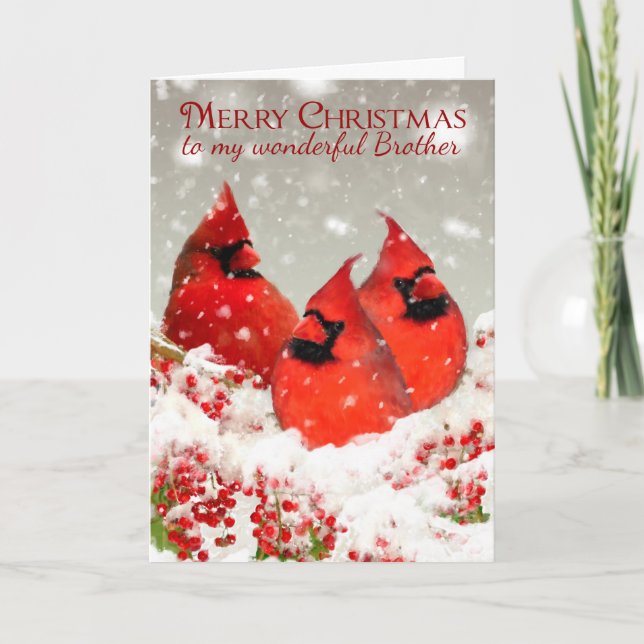 Cartes Pour Fêtes Annuelles Frère, Cardinaux Rouges Peints À L'Huile En Hiver (Devant)