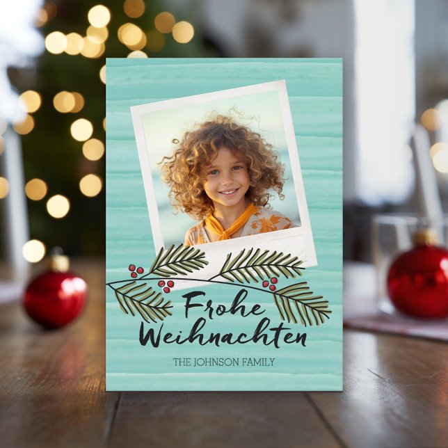 Cartes Pour Fêtes Annuelles Frohe Weihnachten Mood Aquarelle 1 Photo (Holiday Photo Card with large script greeting)