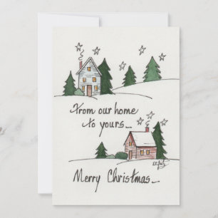 Cartes Pour Fêtes Annuelles "From Our Home" Salutation Vintage Homes Aquarelle