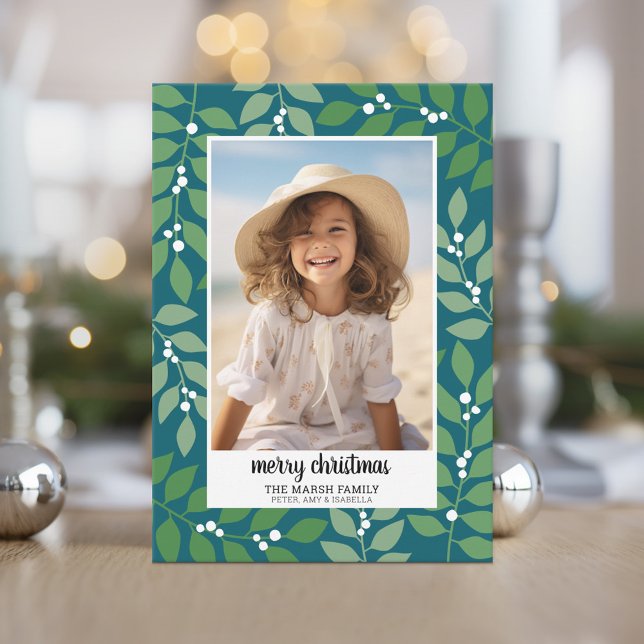 Cartes Pour Fêtes Annuelles Frontière botanique avec script photo Joyeux Noël (A festive botanical holiday card with 1 vertical photo.)