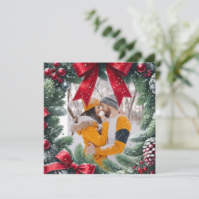 Cartes Pour Fêtes Annuelles Frontière photo à feuillage persistant pour Noël (Debout devant)