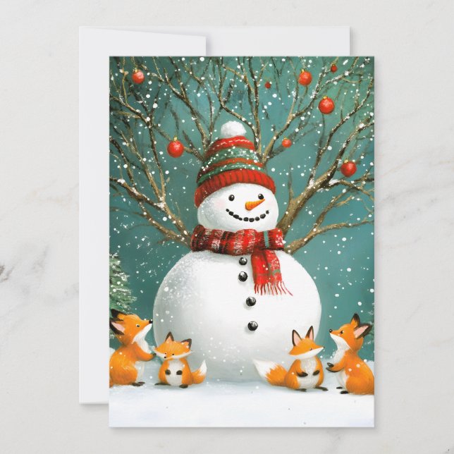 Cartes Pour Fêtes Annuelles Frosty Winter Whimsical Snowman Fox Wonderland (Devant)