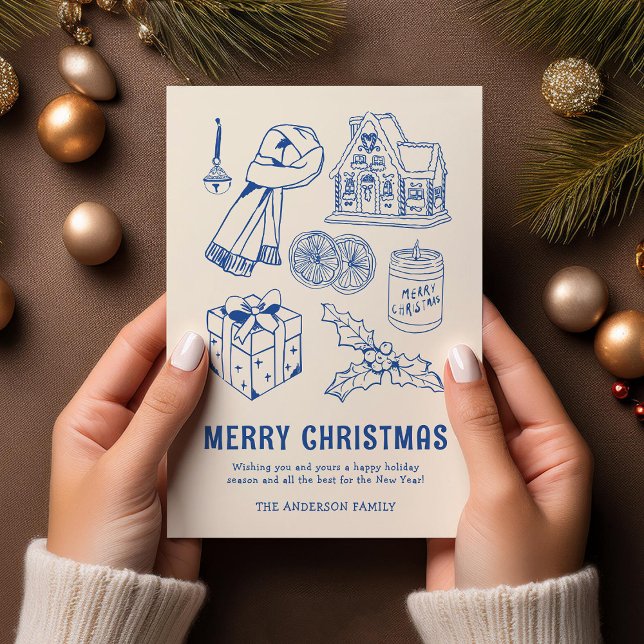 Cartes Pour Fêtes Annuelles Fun Blue Doodle non photo Noël (Créateur téléchargé)