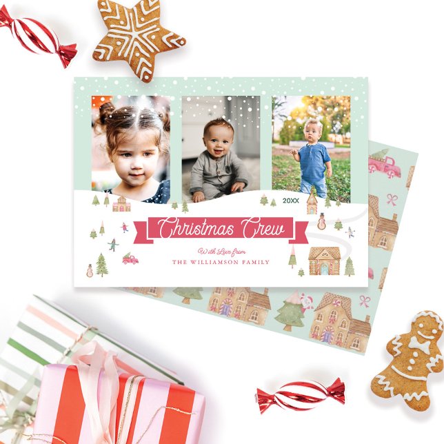 Cartes Pour Fêtes Annuelles Fun Christmas Crew Trois Photo Gingerbread Ville (Créateur téléchargé)