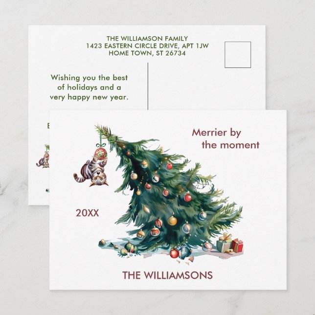 Cartes Pour Fêtes Annuelles Fun Christmas Tree Dangereux Photo de chat (Devant / Derrière)
