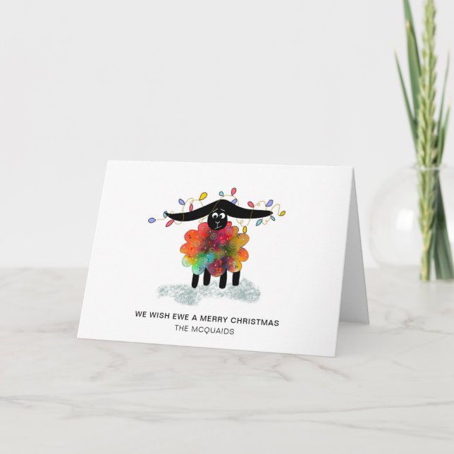 Cartes Pour Fêtes Annuelles Fun Festif Sheep avec les lumières de Noël (Devant)