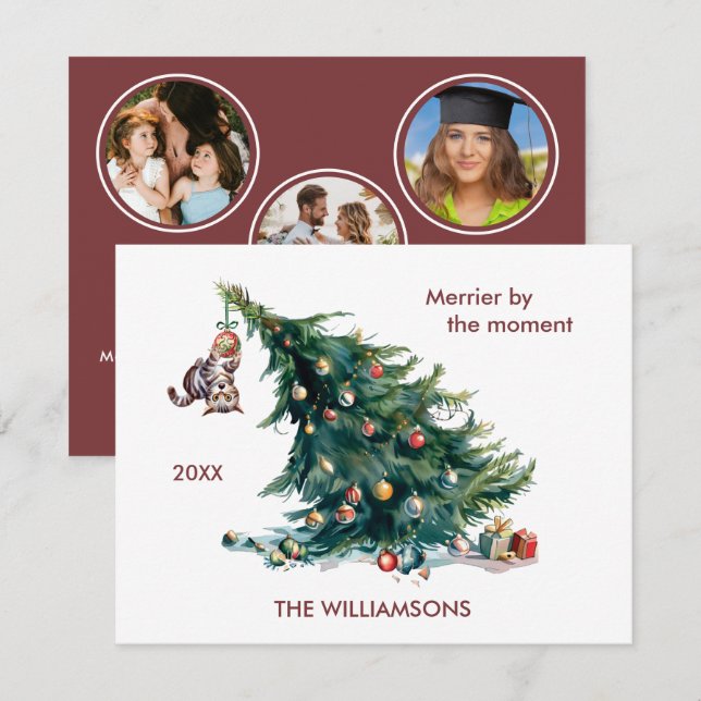 Cartes Pour Fêtes Annuelles Fun Noël arbre Dangereux Chat 3 Photo (Devant / Derrière)