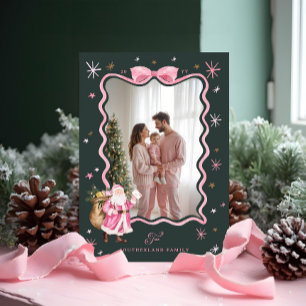 Cartes Pour Fêtes Annuelles Fun Retro Père Noël Wavy Pink Ribbon Photo Noël