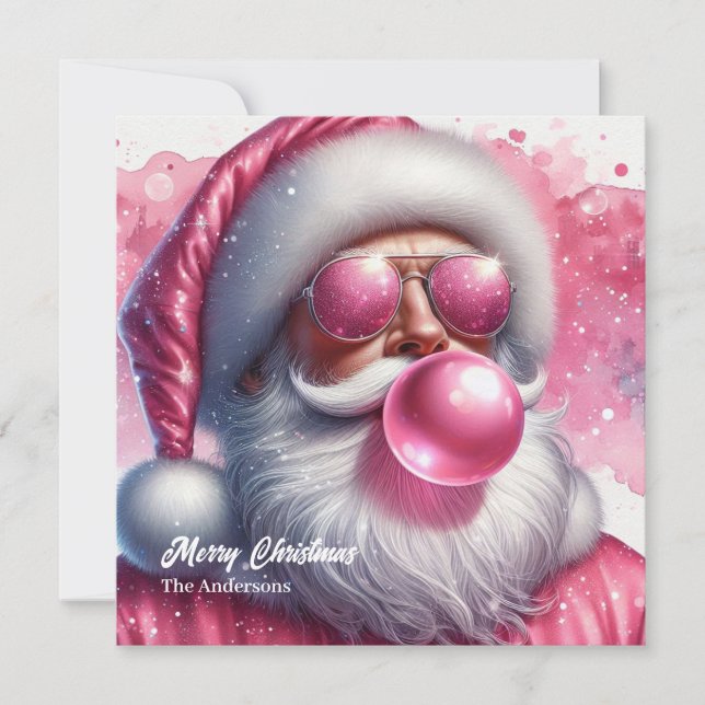 Cartes Pour Fêtes Annuelles Fun rose Père Noël soufflant bulle rose gomme (Devant)