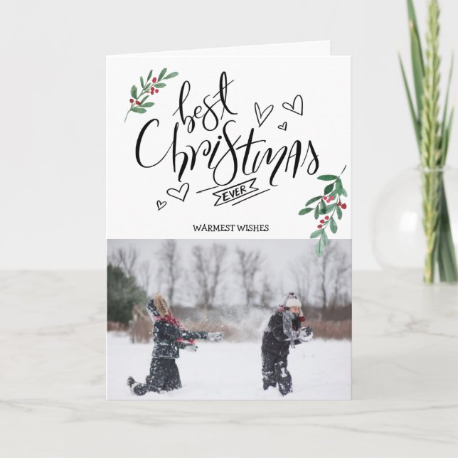 Cartes Pour Fêtes Annuelles Fun Script Red Holly Berries Meilleur Noël Jamais (Devant)