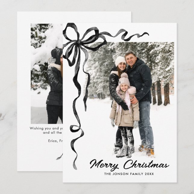 Cartes Pour Fêtes Annuelles Funky Christmas Boho Black Bow Ribbon 2 Photo (Devant / Derrière)