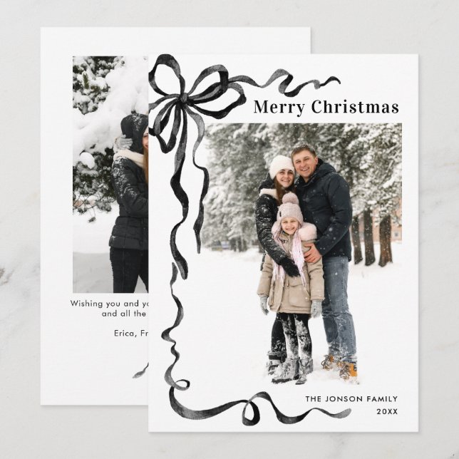 Cartes Pour Fêtes Annuelles Funky Christmas Boho Black Bow Ribbon 2 Photo (Devant / Derrière)