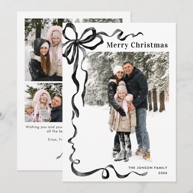 Cartes Pour Fêtes Annuelles Funky Christmas Boho Black Bow Ribbon 5 Photo (Devant / Derrière)