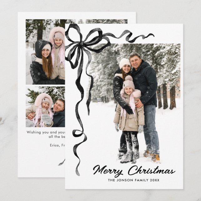 Cartes Pour Fêtes Annuelles Funky Christmas Boho Black Bow Ribbon 5 Photo (Devant / Derrière)