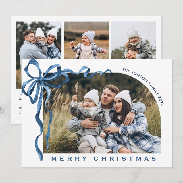 Cartes Pour Fêtes Annuelles Funky Christmas Boho Blue Bow Ribbon 4 Photo (Devant / Derrière)
