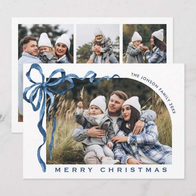 Cartes Pour Fêtes Annuelles Funky Christmas Boho Blue Bow Ribbon 4 Photo (Devant / Derrière)