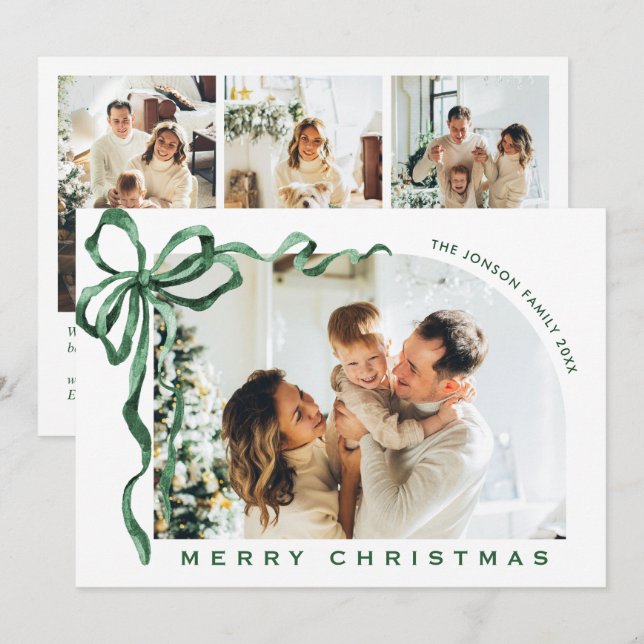 Cartes Pour Fêtes Annuelles Funky Christmas Boho Green Bow Ribbon 4 Photo (Devant / Derrière)