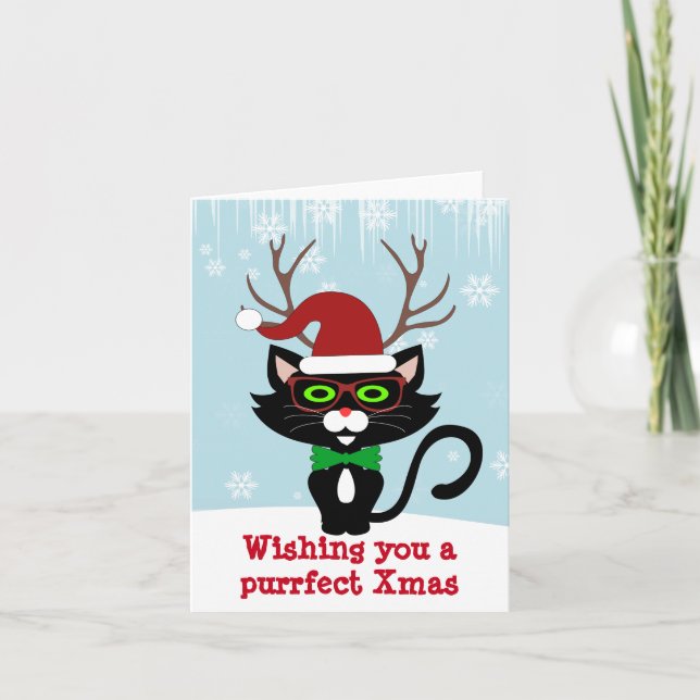 Cartes Pour Fêtes Annuelles Funky Hipster chat de Noël avec bois (Devant)