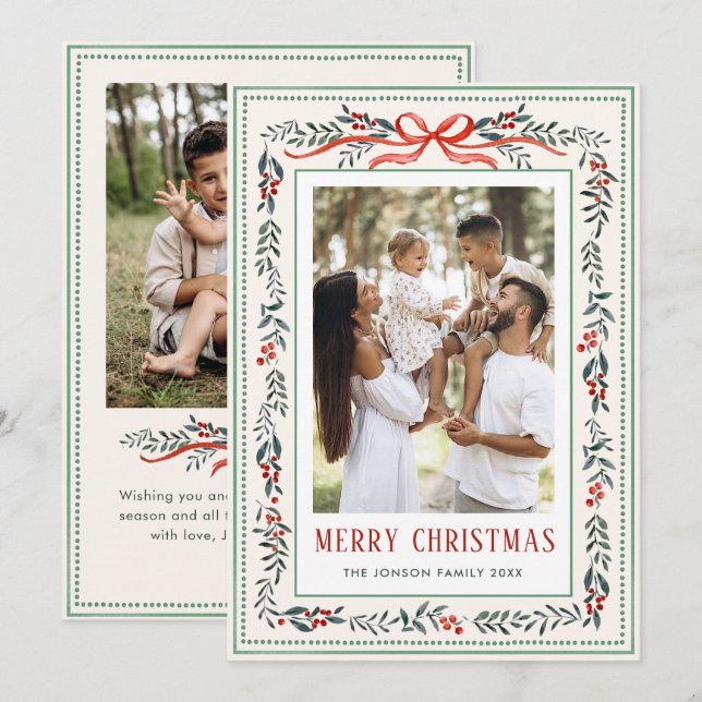 Cartes Pour Fêtes Annuelles Funky Sage Green Christmas Bow Ribbon 2 Photo (Devant / Derrière)