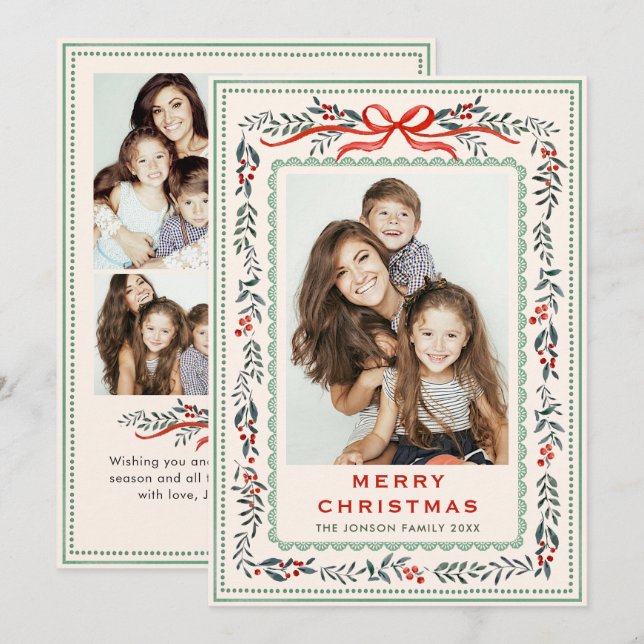 Cartes Pour Fêtes Annuelles Funky Sage Green Christmas Bow Ribbon 5 Photo (Devant / Derrière)