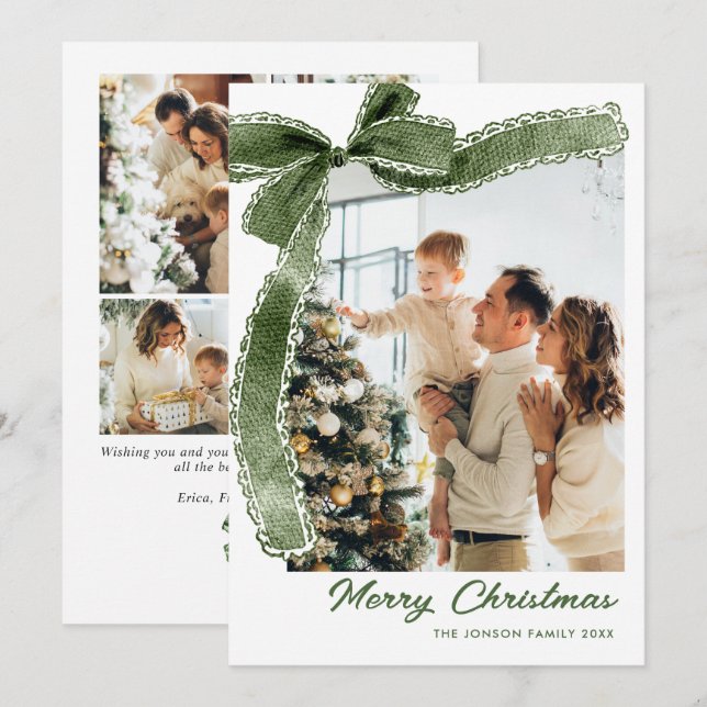Cartes Pour Fêtes Annuelles Funky Sage Green Christmas Bow Ribbon 5 Photo (Devant / Derrière)