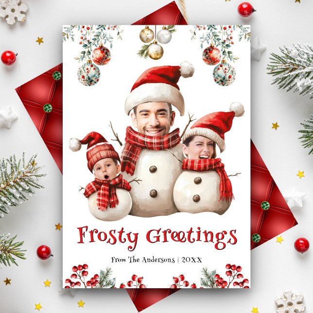 Cartes Pour Fêtes Annuelles Funky Snowman Famille Photo Face Cool Amusant Noël (Créateur téléchargé)