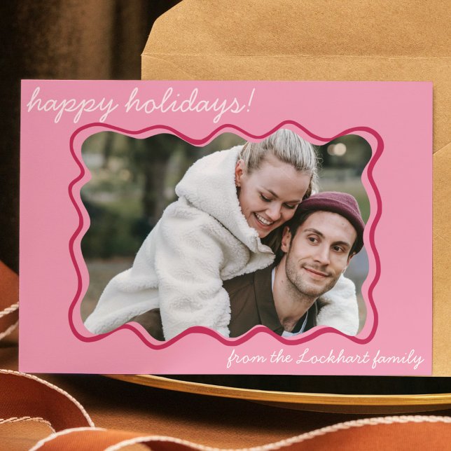 Cartes Pour Fêtes Annuelles Funky Wavy Main Drake Whimsical Border Photo (modern funky pink hand drawn wavy border holiday christmas card. Whimsical family photo card)