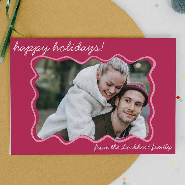 Cartes Pour Fêtes Annuelles Funky Wavy Main Drake Whimsical Border Photo (hand drawn whimsical funky quirky wavy frame photo holiday christmas card pink family photo card)