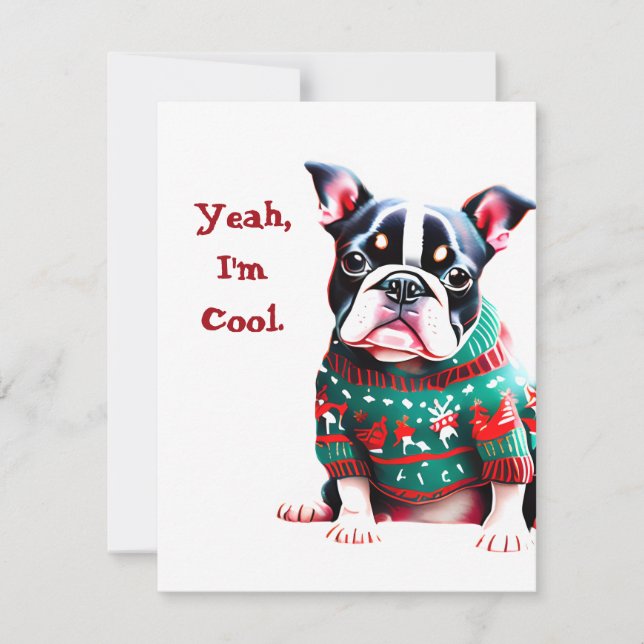 Cartes Pour Fêtes Annuelles Funny Boston Terrier dans le pull de Noël (Devant)
