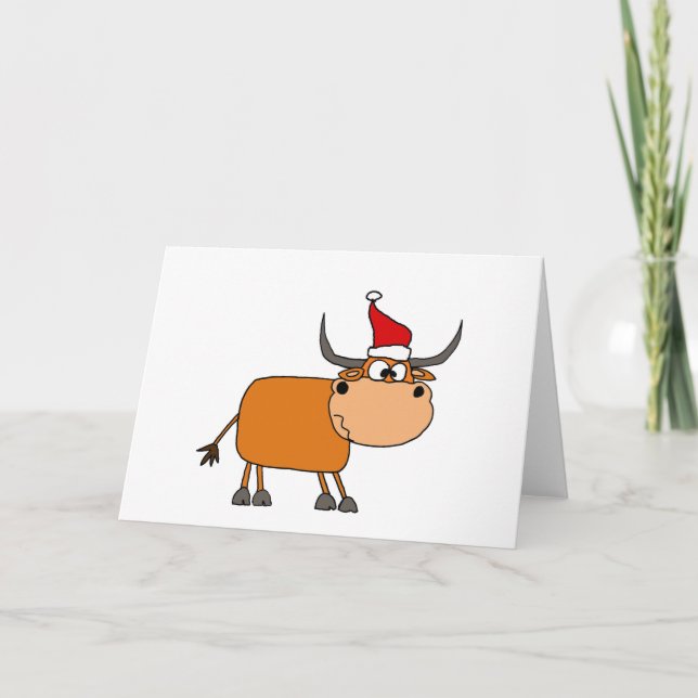 Cartes Pour Fêtes Annuelles Funny Bull dans Santa Hat Design de Noël (Devant)