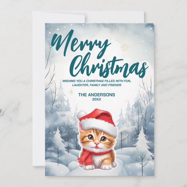 Cartes Pour Fêtes Annuelles Funny Chat kitty Merry Xmas arbre neige Fête (Devant)