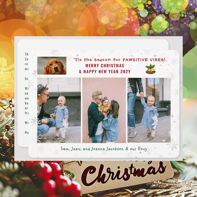 Cartes Pour Fêtes Annuelles Funny Chien Chat Pawsitive 3 Photos Minimaliste Mo (Cute Funny Pet Dog Pawsitive Vibes Merry Christmas Happy New Year 'Tis the Season 4 Photos Letter)