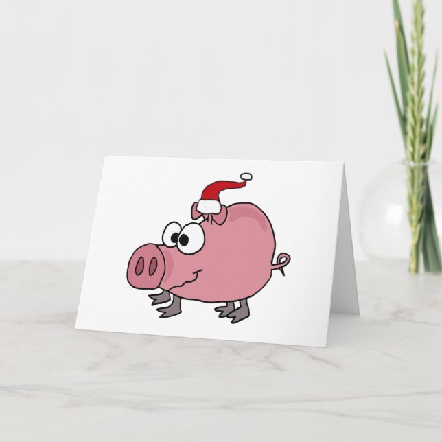 Cartes Pour Fêtes Annuelles Funny Cochon rose dans le chapeau de Santa (Devant)