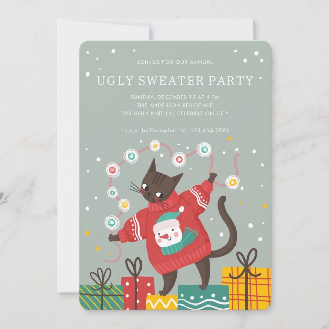 Cartes Pour Fêtes Annuelles Funny Cute Cat Ugly Christmas Sweater Party (Devant)