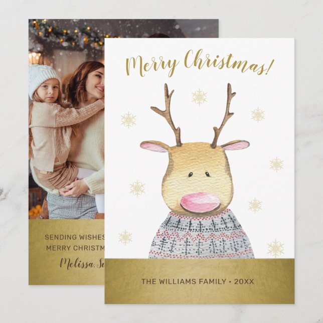 Cartes Pour Fêtes Annuelles Funny Deer Joyeux Noël Photo de famille (Devant / Derrière)