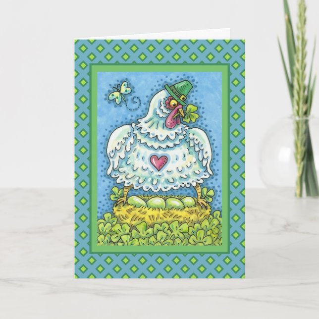 CARTES POUR FÊTES ANNUELLES FUNNY IRISH HEN, OEUFS VERTS ET SHAMROCK CUIT (Devant)