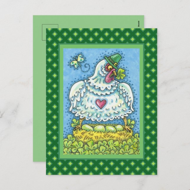 CARTES POUR FÊTES ANNUELLES FUNNY IRISH HEN, OEUFS VERTS ET SHAMROCK CUIT (Devant / Derrière)