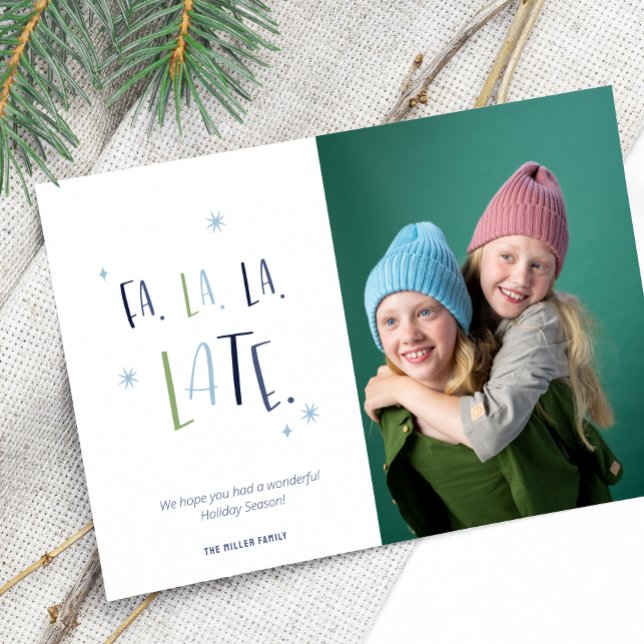 Cartes Pour Fêtes Annuelles Funny Late Christmas Famille Photo (belated holiday postcard with custom photo and text flatlay )