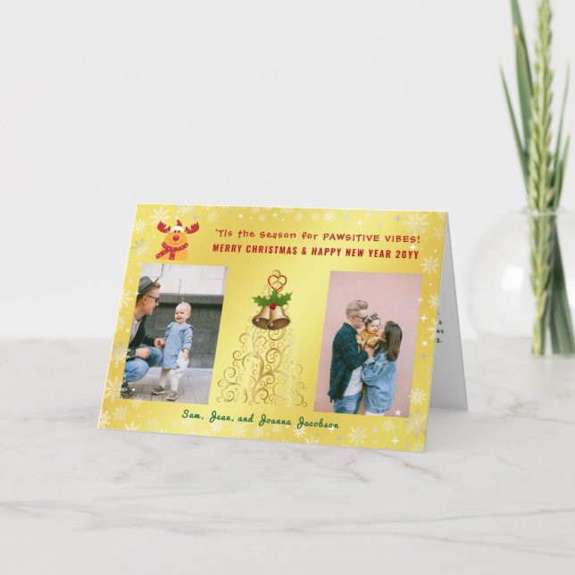 Cartes Pour Fêtes Annuelles Funny Pawsitive Rudolph 2 Photos Lettre or (Devant)