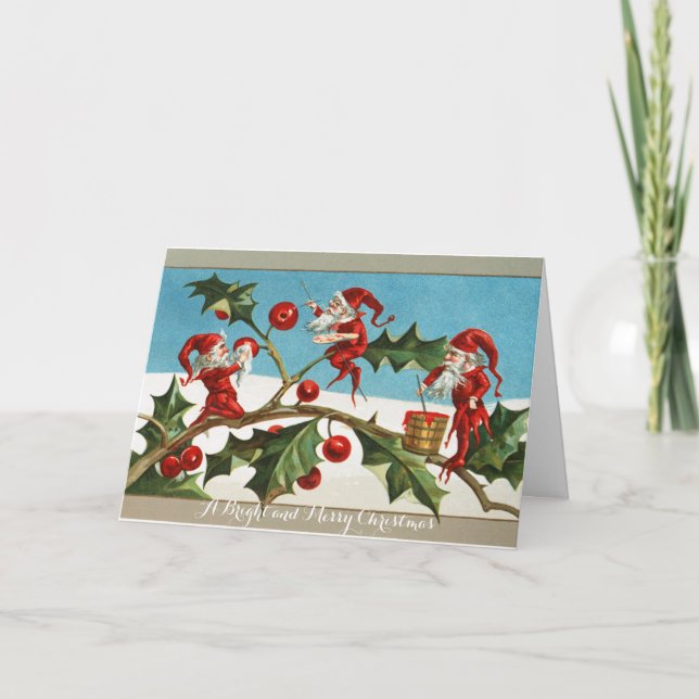CARTES POUR FÊTES ANNUELLES FUNNY RED CHRISTMAS ELVES, HOLLYBERRIES, MISTLETOE (Devant)