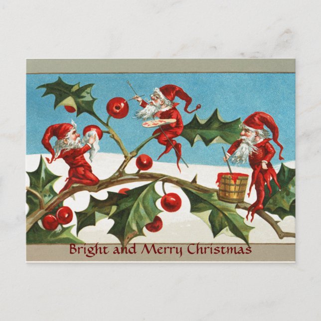 CARTES POUR FÊTES ANNUELLES FUNNY RED CHRISTMAS ELVES, HOLLYBERRIES, MISTLETOE (Devant)