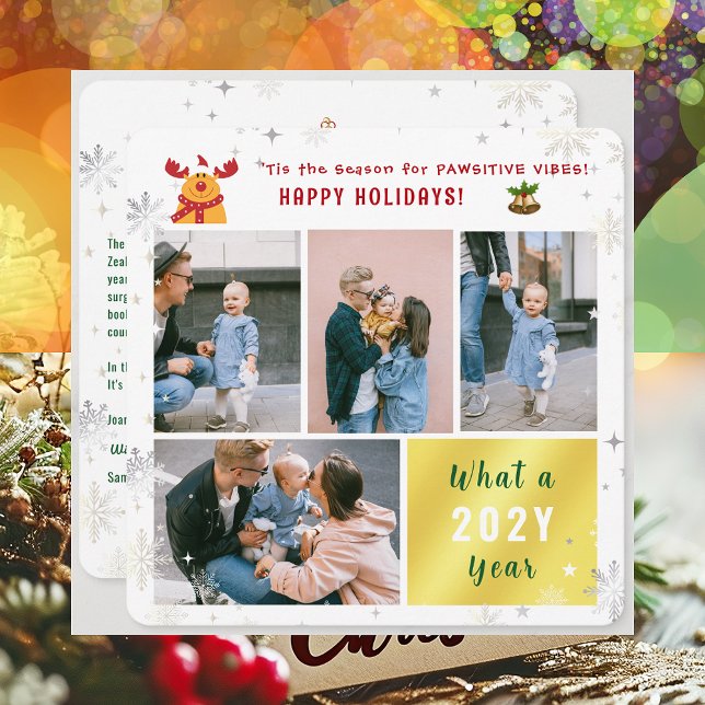 Cartes Pour Fêtes Annuelles Funny Rudolph 4 Photos Collage Joyeuses Vacances M (Cute Funny Rudolph Pawsitive Vibes Happy Holidays 'Tis the Season 4 Photos Golden What a Year Letter)