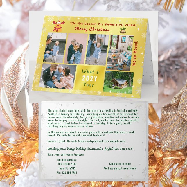 Cartes Pour Fêtes Annuelles Funny Rudolph 7 Photos Collage Nous avons déplacé  (Funny Rudolph Christmas card, pawsitive humor. 6 Photos. We've moved letter. Elegant, golden. Snow)