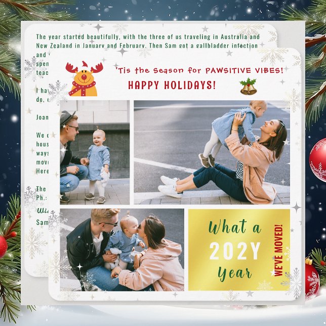 Cartes Pour Fêtes Annuelles Funny Rudolph Nous avons déménagé Happy Holidays 3 (Funny Rudolph Pawsitive Vibes We've Moved Holidays Card. 3 Photos. Elegant modern cute. Snowflakes)