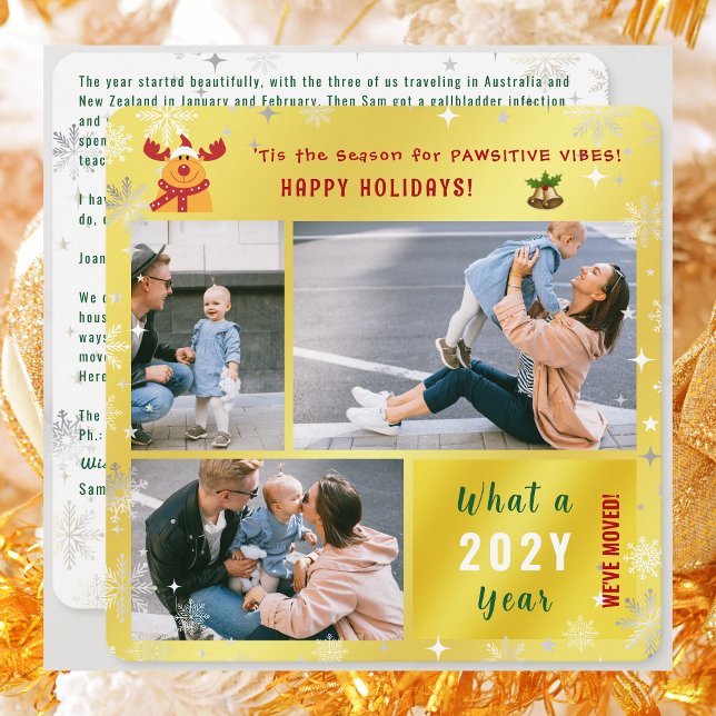 Cartes Pour Fêtes Annuelles Funny Rudolph Nous avons déménagé Happy Holidays 3 (Funny Rudolph Pawsitive Vibes We've Moved Holidays Card. 3 Photos. Elegant modern cute. Snowflakes)