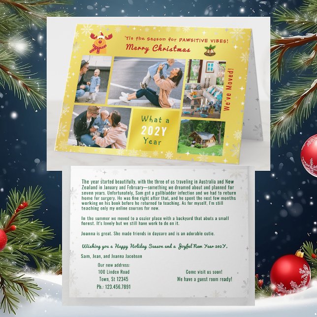 Cartes Pour Fêtes Annuelles Funny Rudolph Nous avons déplacé 5 Photos Elégant  (Funny Rudolph Pawsitive Vibes We've Moved Christmas Card. 5 Photos. Elegant, golden. Festive Snow)
