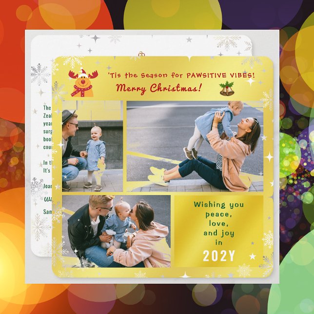 Cartes Pour Fêtes Annuelles Funny Rudolph Peace Love Joy Elegant Golden Photo (Elegant Golden Cute Funny Pawsitive Vibes Rudolph Happy Holidays 3 Photos Peace Love Joy Snowflakes)