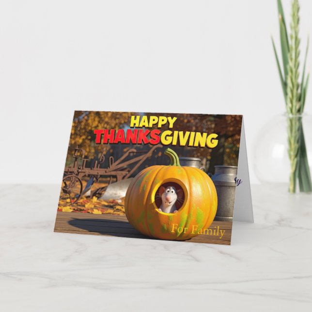 Cartes Pour Fêtes Annuelles Funny Thanksgiving Card avec Rat et Citrouille (Devant)